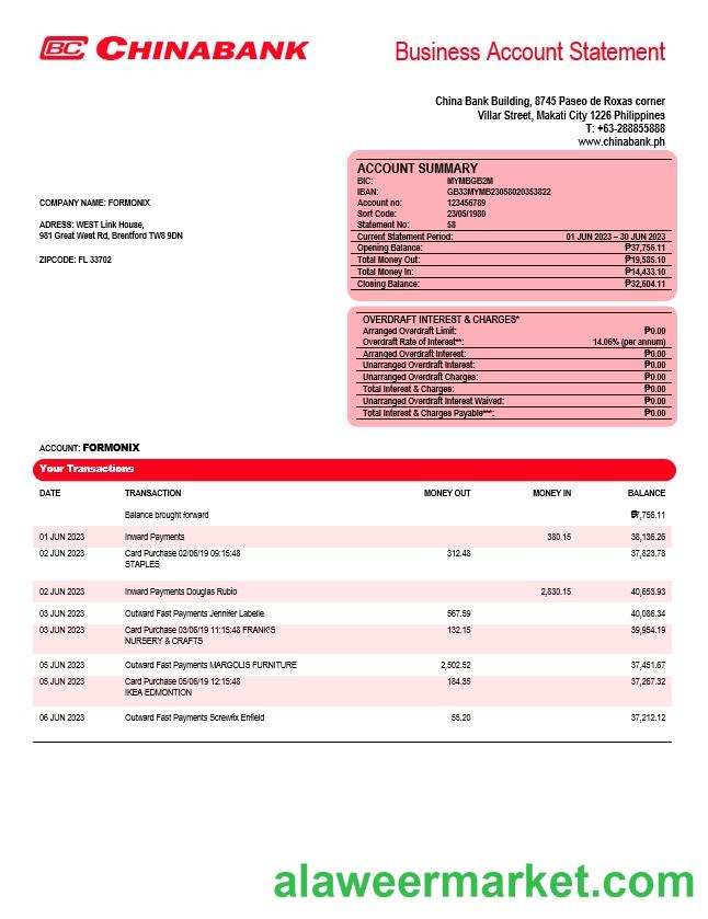 China Banking Corporation company account statement Word and PDF template